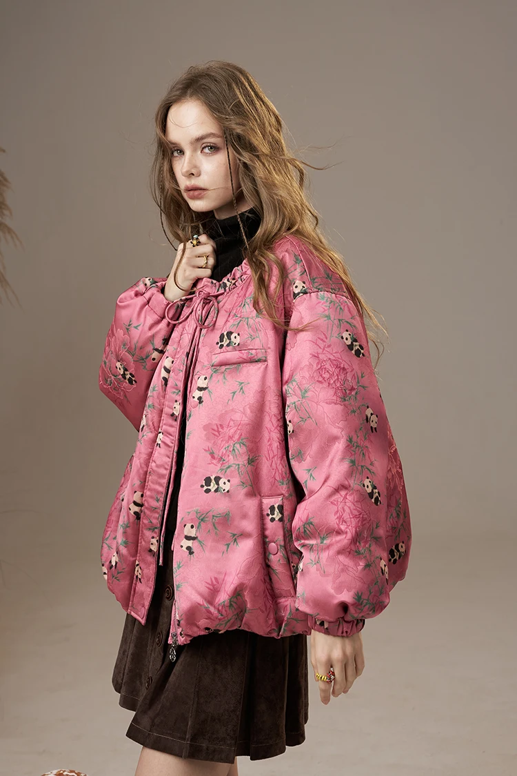 ELFSACK Women's Pink Panda Puffer Jacket with Drawstring, Warm Quilted Winter Coat, Cute Floral Print, Casual Street Style