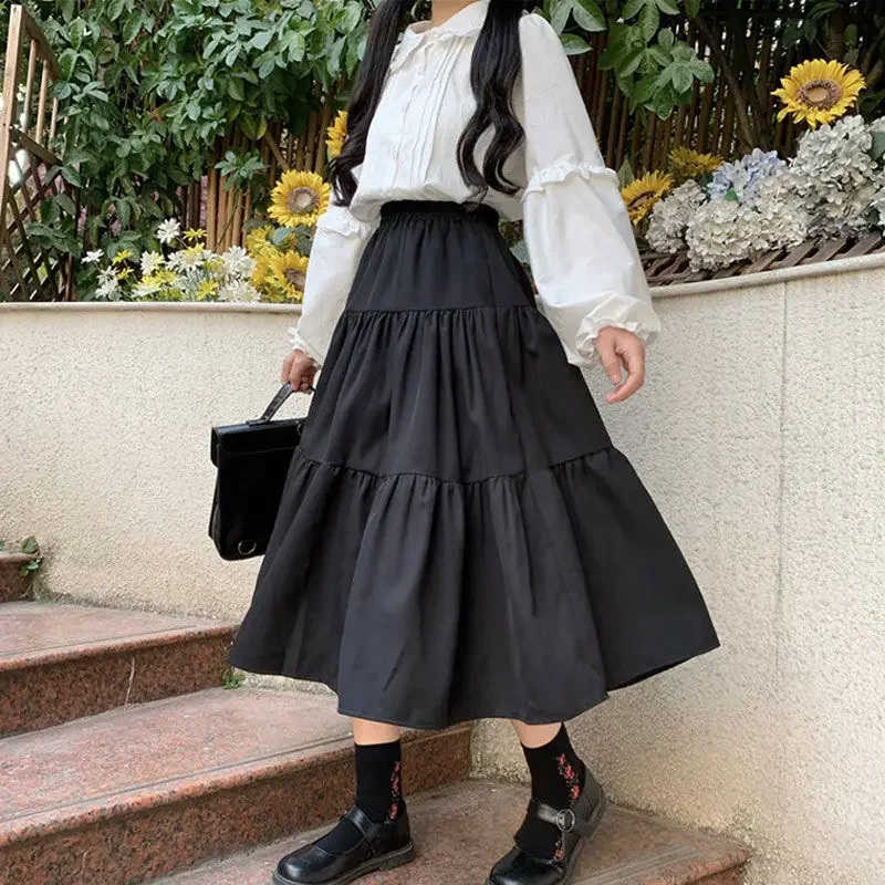 HOUZHOU Kawaii Black Long Skirts Women Lolita White Patchwork High Waist A-line Midi Skirt Japanese Cute Soft Girl Preppy Style houzhou мини юбки женщины kawaii симпатичный пэчворк высокая талия плиссированная юбка корейская мода preppy style