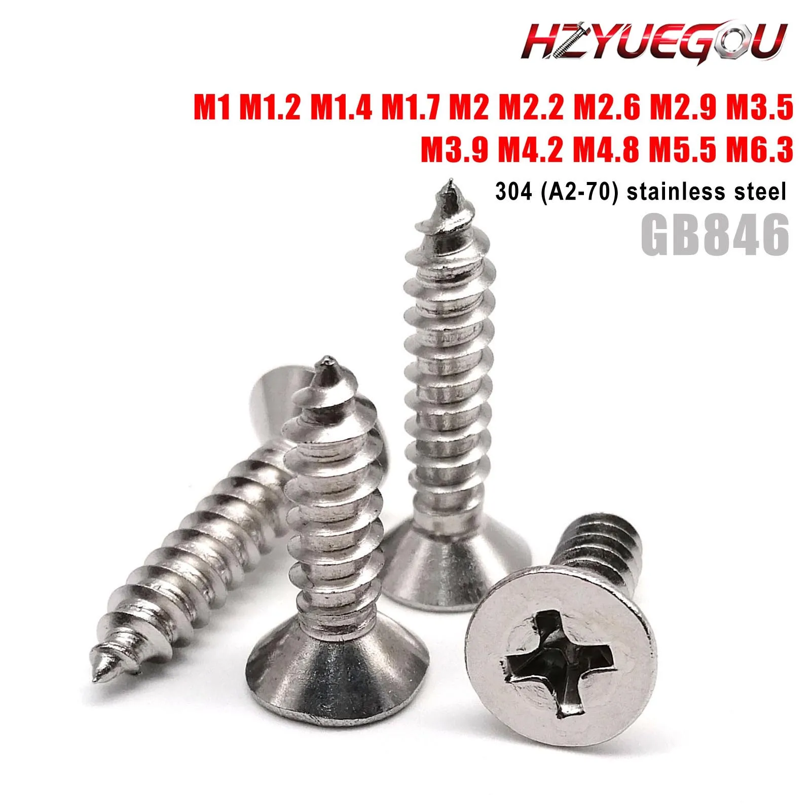 HZYUEGOU M1 M1.2 M1.4 M1.7 M2 M2.6 M3 M3.5 M4 M5 M6 Kreuzschlitz-Senkkopf-Holzschraube aus 304 Edelstahl