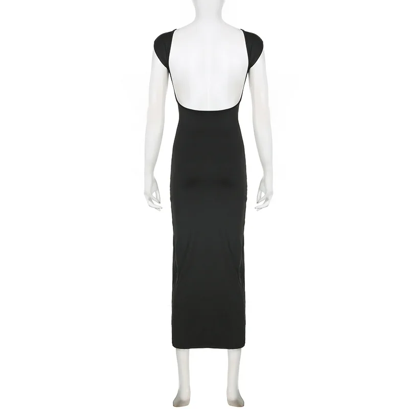 Hot Backless Black Dress - Sleeveless Patchwork High Waist Solid Long Dress