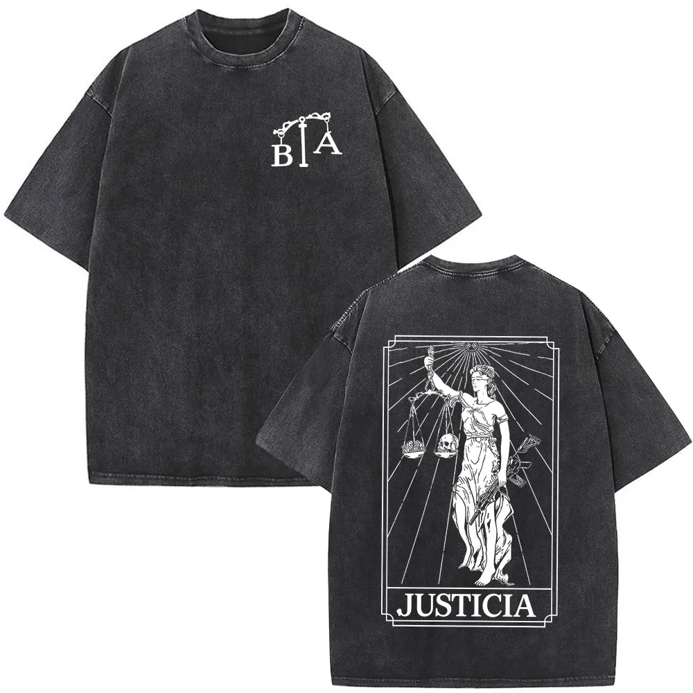 Vintage Washed Justicia Brothers in Arms T-Shirt mit doppelseitigem Aufdruck, Herrenbekleidung, lässige Baumwolle, übergroße T-Shirts mit kurzen Ärmeln