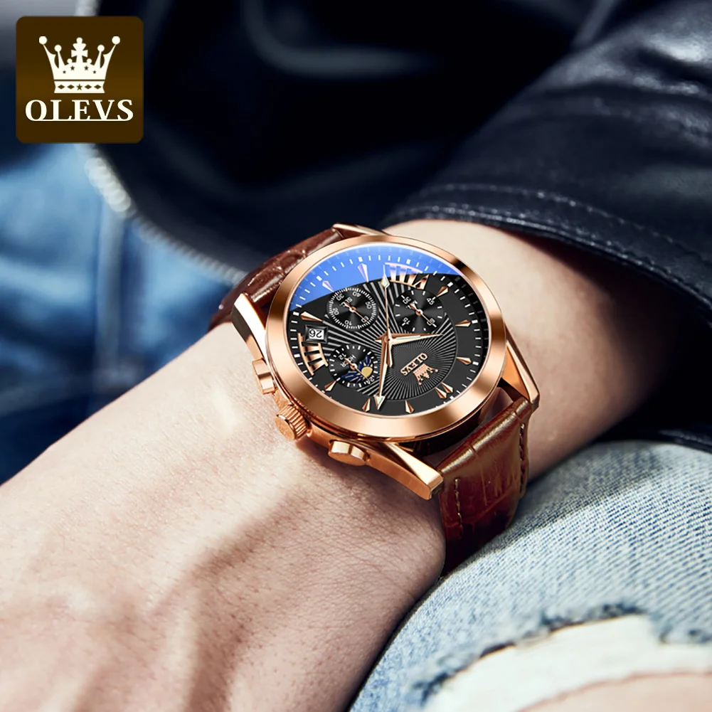 OLEVS Quartz Watch for Men Stainless Steel Waterproof Luminous Leather Strap Moon Phase Multifunctional Men's Watches New Reloj