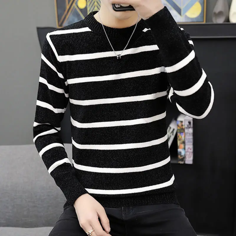 2023 Autumn Winter Fashion Round Neck Long Sleeve Contrast Color Striped Sweater Men High Street Loose Casual All-match Y2K Tops