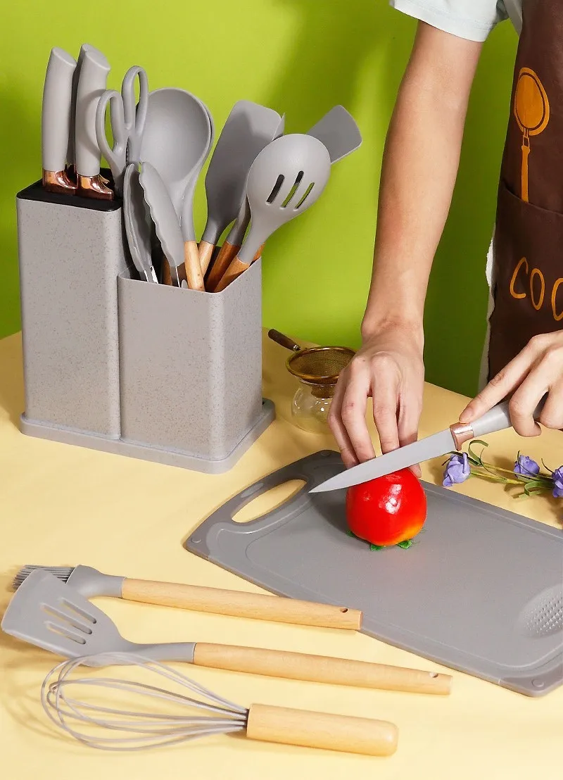 Ensemble d'Ustensiles de Cuisine en Silicone avec Manche en Bois