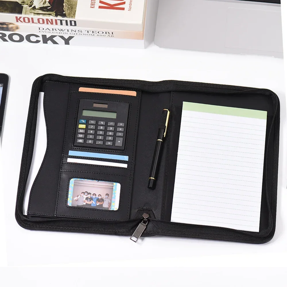 지퍼가 달린 가죽 패드 카드 쓰기 정리함, 폴더 폐쇄 문서 거치대, 비즈니스 Padfolio 계산기, 포트폴리오 케이스 PU