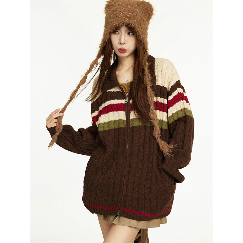 하라주쿠 한국 여성 가디건, 턴다운 칼라, 아늑한 스웨터, 클래식 니트 아우터, 가을 겨울 하이 스트리트, 새로운 디자인