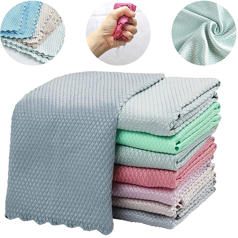 

10pcs Kitchen Cleaning Microfiber Fish Scale Cloth Dishwashing Cloth Lint-free Dining Table Glass Wipe Polishing Reusable