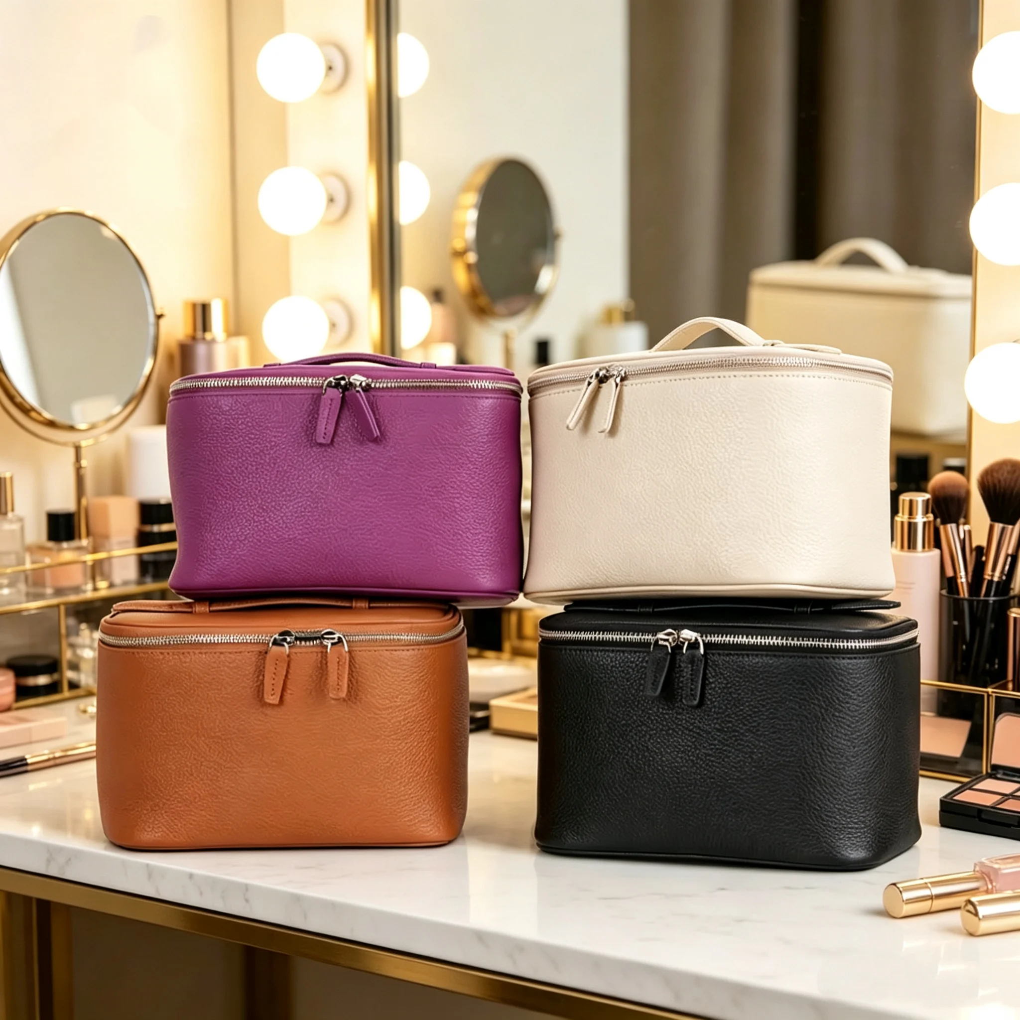CLAREGQI Women's Genuine Leather Cosmetic Bag Large Capacity Portable Travel Makeup Organizer Case with Top Handle 1