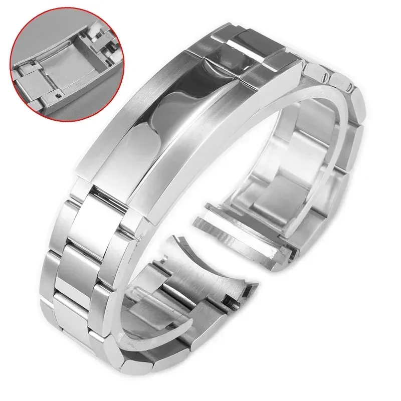 Premium Solid 904L Stainless Steel Watch Band with Brushed & Polished Finish and Folding Buckle Clasp