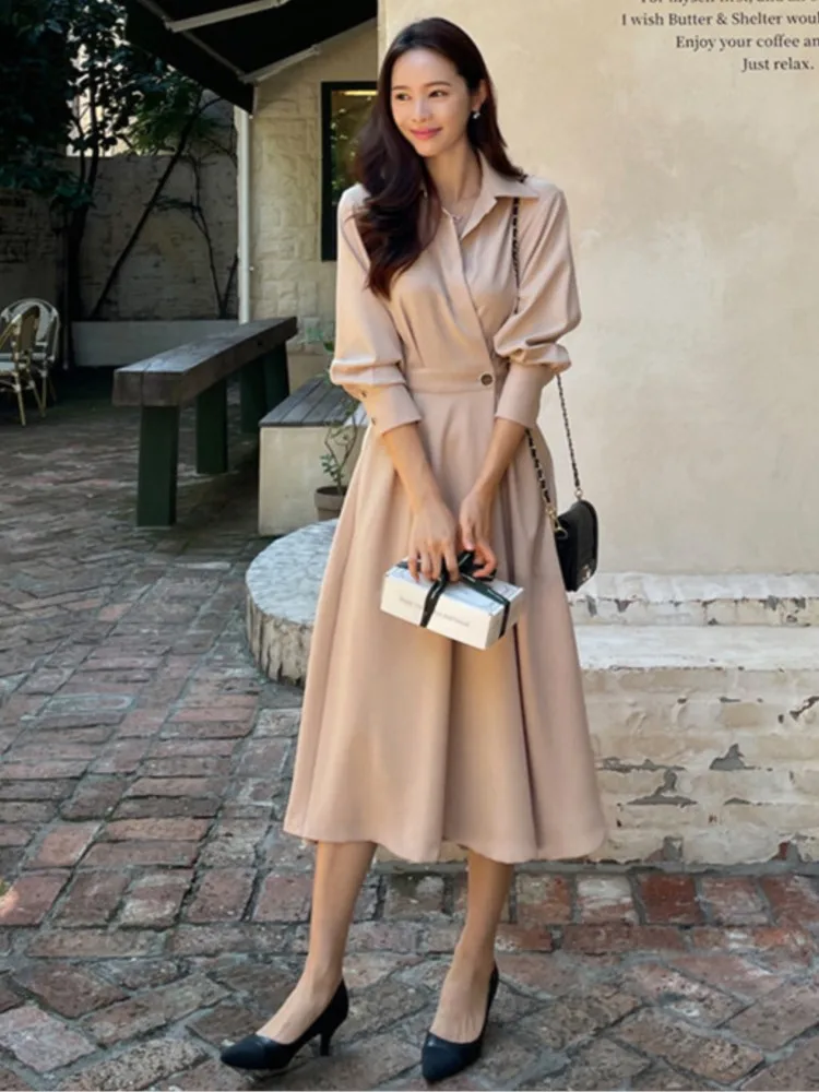 

Elegant Women Solid Color Midi Dress 2024 Summer Lapel Casual Long Sleeve Slim Waist Shirt Sundress Pleated Streetwear Vestidos