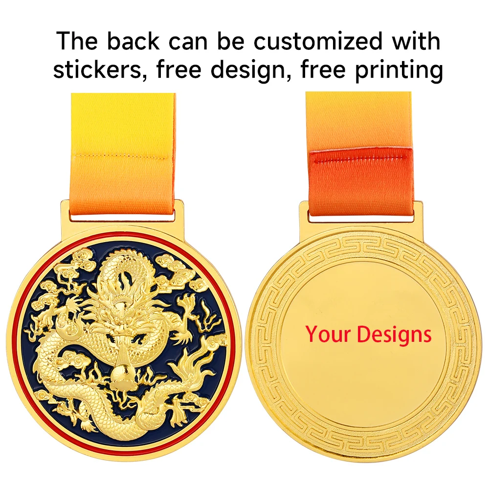 Blank Generic Medal Creative Dragon Mascot Medal School Sports Awards Competition Gold Silver Medals Print for Free On The Blank
