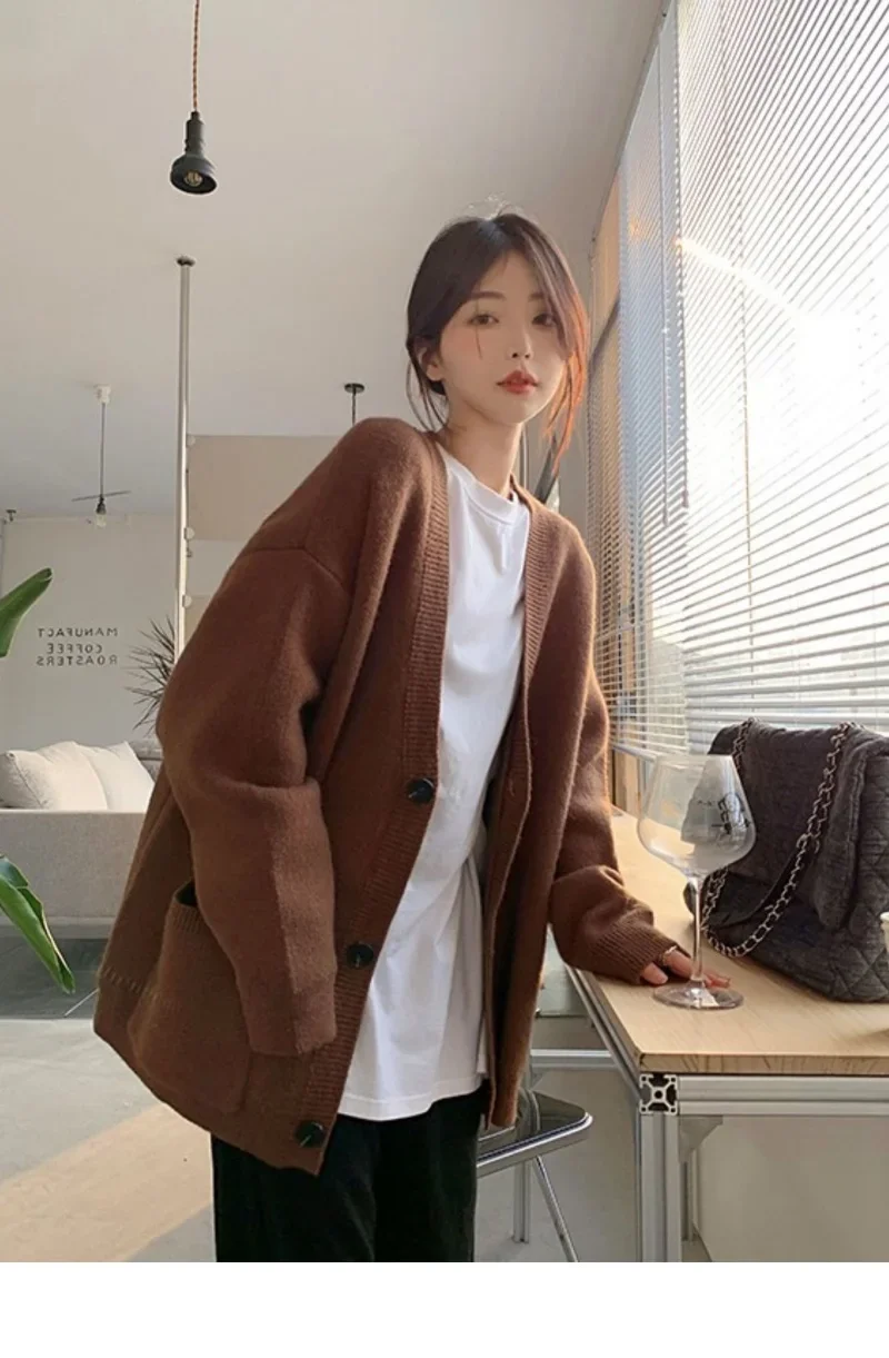 Gray sweater cardigan female design sense niche small  fall lazy wind V-neck knitted soft jacket elegant senior comfortable