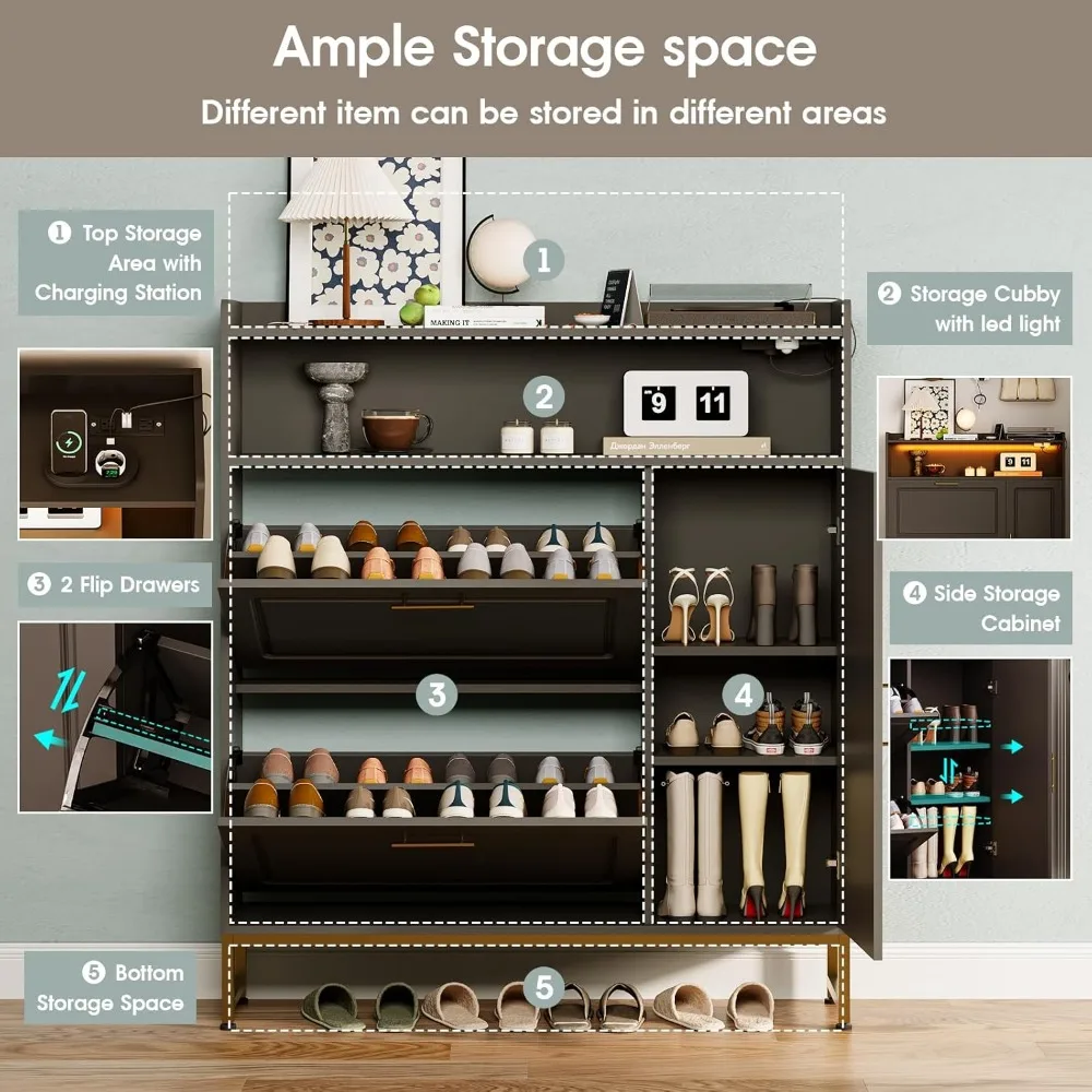 Shoe Storage Cabinet with 2 Flip Drawers & Side Cabinet Shoe Rack Organizer with LED Light and Charging Station Shoes 4