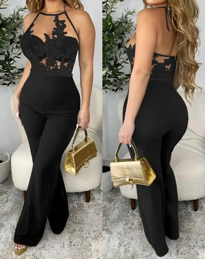 Women's Sexy Summer Casual Elegant Jumpsuit 2024 New Guipure Lace Spaghetti Strap Sheer Mesh Jumpsuit
