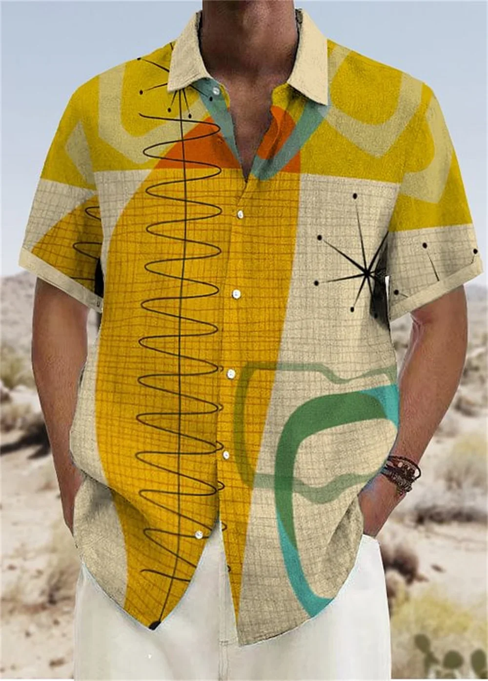 Men's Summer Map Print Lapel Button Short Shirt Fashion Men's Vacation Comfortable Soft Fabric High Quality Clothing
