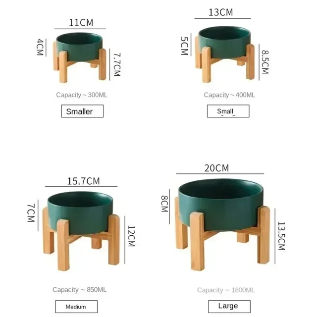 400ml Puppy Bowl Double Ceramic Elevated Pet Food Water Fountain Small and Medium Sized Wooden Bracket Dog Feeding Supplies 2