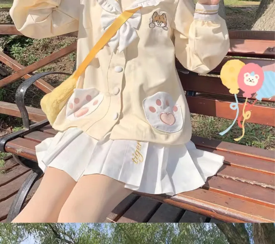 2024 Spring Summer Japanese JK Uniform Sailor Outfit Sweet Cute Student Yellow Short Sleeves Top White Skirt Cartoon 2 Piece Set