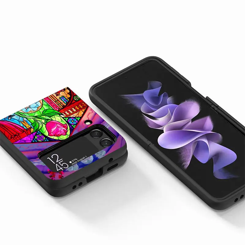 Funda 삼성 갤럭시 Z 플립 3 4 5G Flip3 Flip4 용 케이스, 블랙 PC 하드 럭셔리 백 폰 커버, 미녀와 야수 쉘