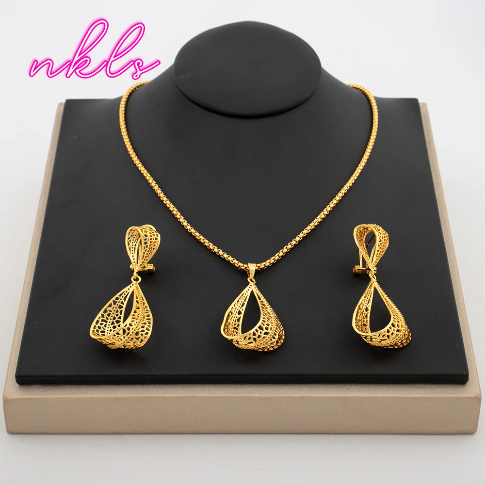 

Brazilian Simple Bowknot Earrings Luxury Gold Color Necklace Korean Fashion Jewelry Set Trendy Women Jewellery Daily Wear Gift