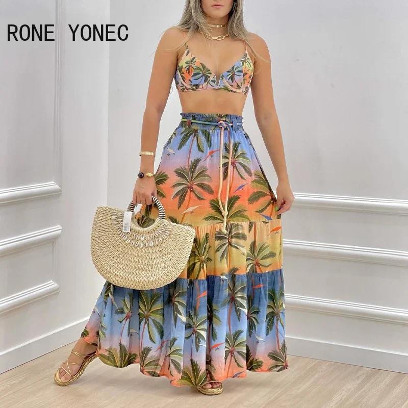 

Комплект из короткого топа и юбки, женский, Повседневный, с принтом, на тонких бретелях, для пляжа, отдыха