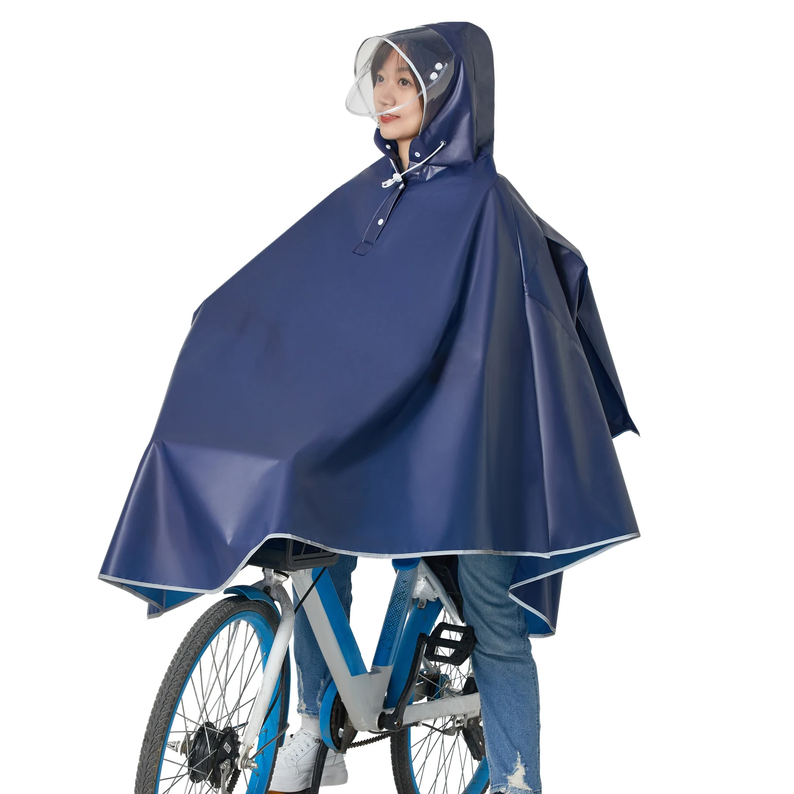 Poncho De Pluie Long Imperméable Pour Vélo Et Moto - Taille Unique Unisexe (Bleu) - Capuche Avec Visière Amovible