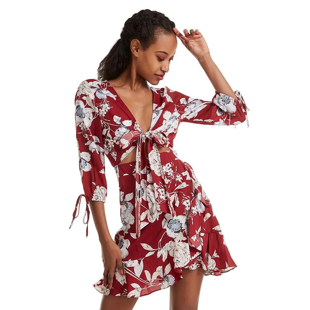 

Sexy Women Summer Dress Hollow V Neck Half Sleeve Lace Up Dresses Flower Printing Dot Ruffles Mini Dress