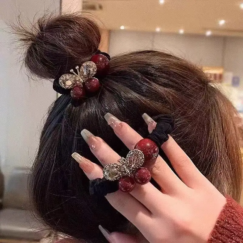 1PC Enkela Red Butterfly Pearl Hair Scrunchie,  Inspired Hair Tie For Women, Durable Elastic Hair Band For Ponytail Bun