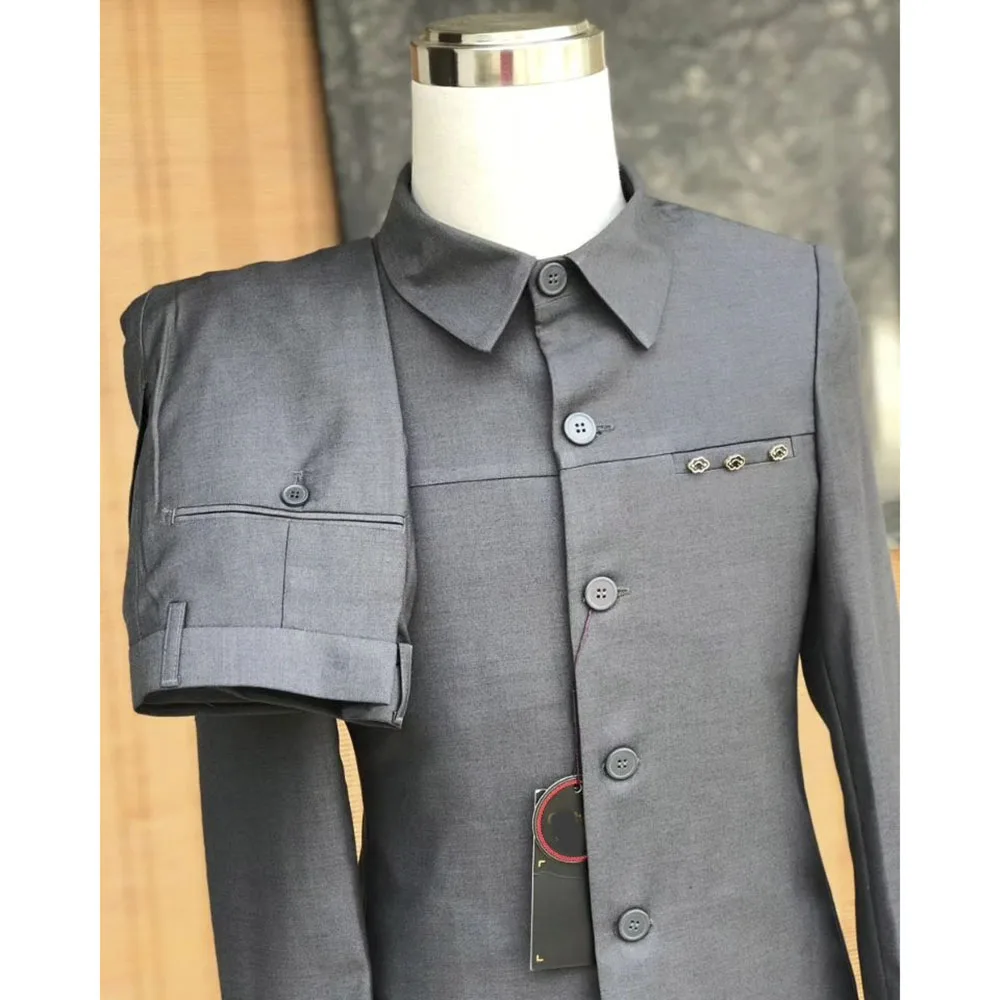 Slim Fit Gray Men Suits Single Breasted Stand Lapel Skinny 2 Piece Jacket Pants Outfits High Quality Business Male Clothing