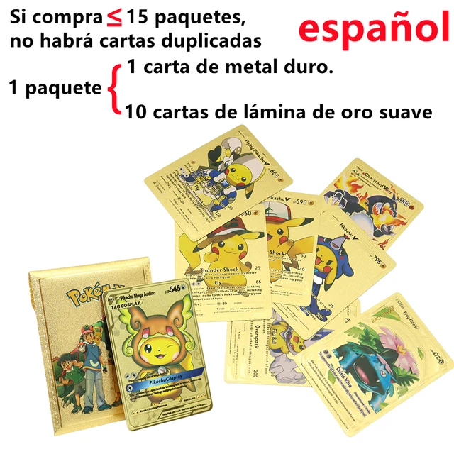 Pokemon Metal Card Spanish Box Gold Black Golden Letters Silver English Vmax Gx Collection Charizard Pikachu Cards Pack Toy Gift 11pcs Spanish gold