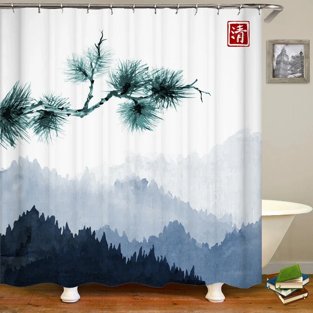 

3d Bathroom Curtains Japanese ink landscape Shower Curtains Waterproof With 12 Hooks Home Decoration Washable Fabric Bath Screen