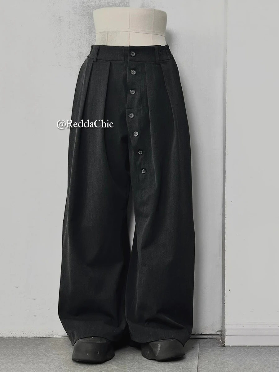 REDDACHiC Irregular Buttons Dress Pants Women Men Black Elastic Waist Wide Leg Pleated Front Suit Trousers Work Casual Clothes 6
