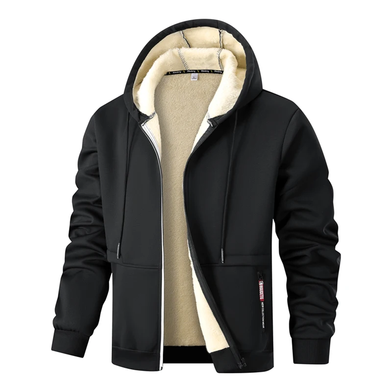Sonbahar ve kış için kalınlaştırılmış polarlı kuzu postu erkek kapüşonlu sweatshirt, kapüşonlu spor giyim, günlük hırka ve sıcak ceket
