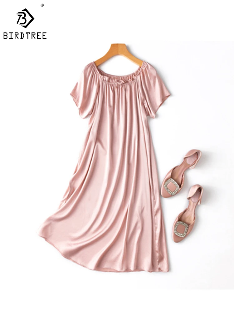 

Birdtree Women's 93% Silk 5% Spandex Long Sleep Drees Pink Loose Long Pajama Dresses Homewear Big Hem 2023 New D34844C