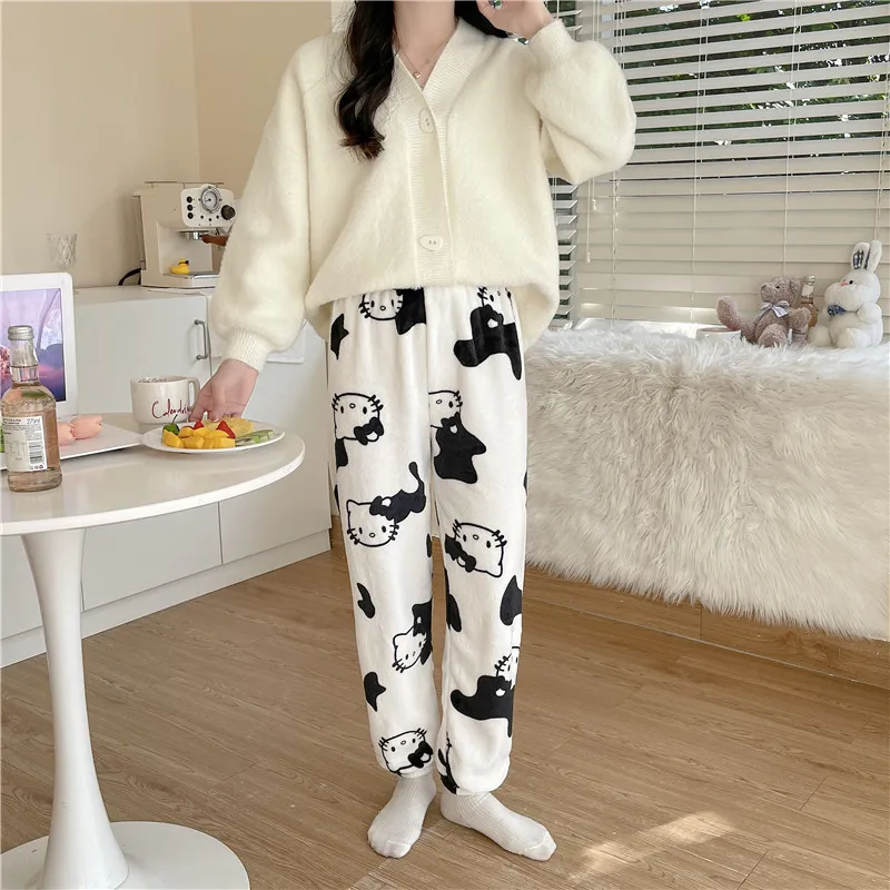 Kawaii Sanrio Hello Kitty Flannel Pajamas Pants Women's Winter Warm Casual Homewear Girl Graffiti Pants Girls Birthday Gift girl fashion high waist loose slim love graffiti printed straight jeans wide leg pants fashion denim coffee c7hs