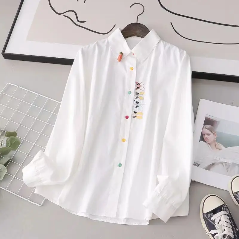 Women Spring Autumn Style Blouses Shirts Lady Casual Long Sleeve Turn-down Collar Cartoon Embroidery Blusas Tops DF4996