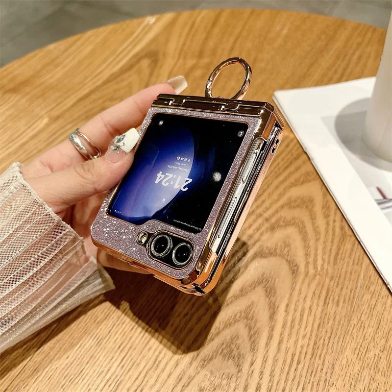 For Samsung Galaxy Z Flip 5 5G Glitter Trim With Ring Hinge Electroplated Plastic Phone Case Back Cover