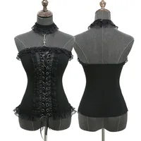 New Gothic Corset Lace-trim Halter Top Solid Black Women Sexy Front Lace-Up Braided Corsets