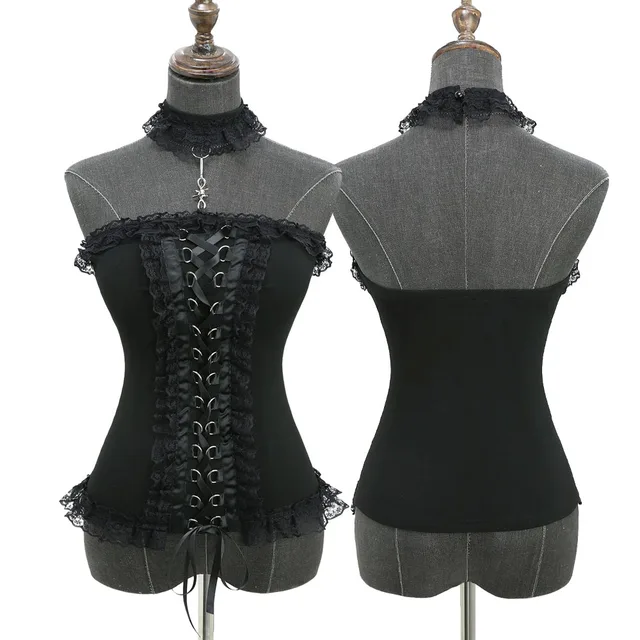 New Gothic Corset Lace-trim Halter Top Solid Black Women Sexy Front Lace-Up Braided Corsets