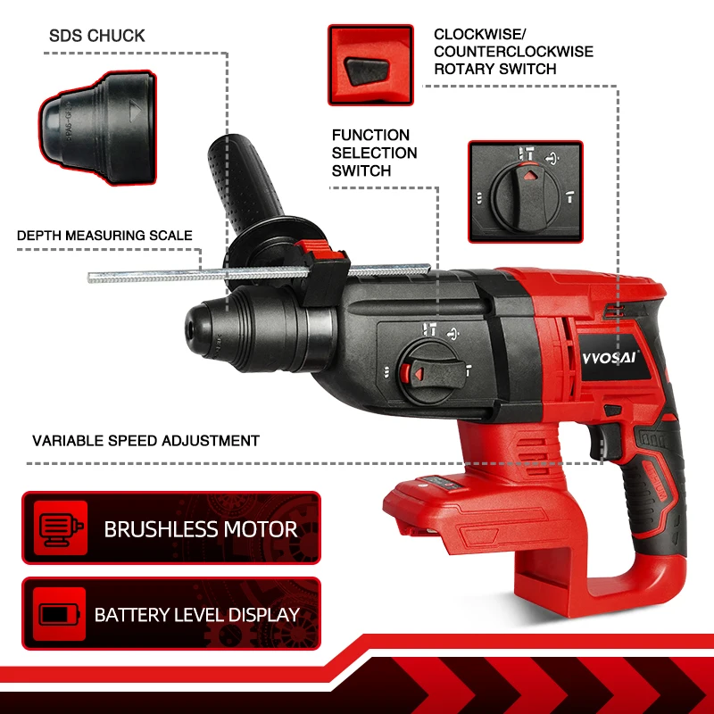 VVOSAI Electric Impact Drill Rotary Hammer Brushless Cordless Hammer Electric Drill for 18V Makita Lithium Battery 3