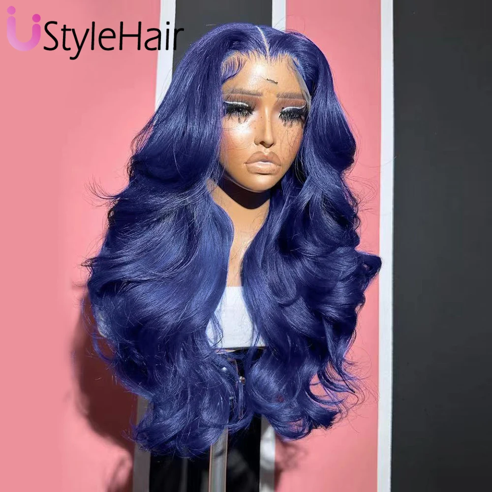 Donkerblauwe Lace Pruik Lange Body Wave Lace Front Pruik Hittebestendig Synthetisch Haar Zijdeel Effen Blauwe Kant Dagelijks Gebruik Cosplay Pruik