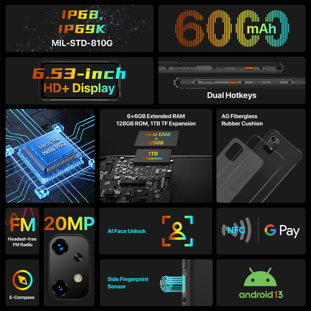 UMIDIGI BISON X20 Rugged smartphone IP68 &IP69K MTK Helio P60 Octa-Core 6+6GB 128GB 6.53" HD Android 13 20MP 6000mAh Battery NFC 4