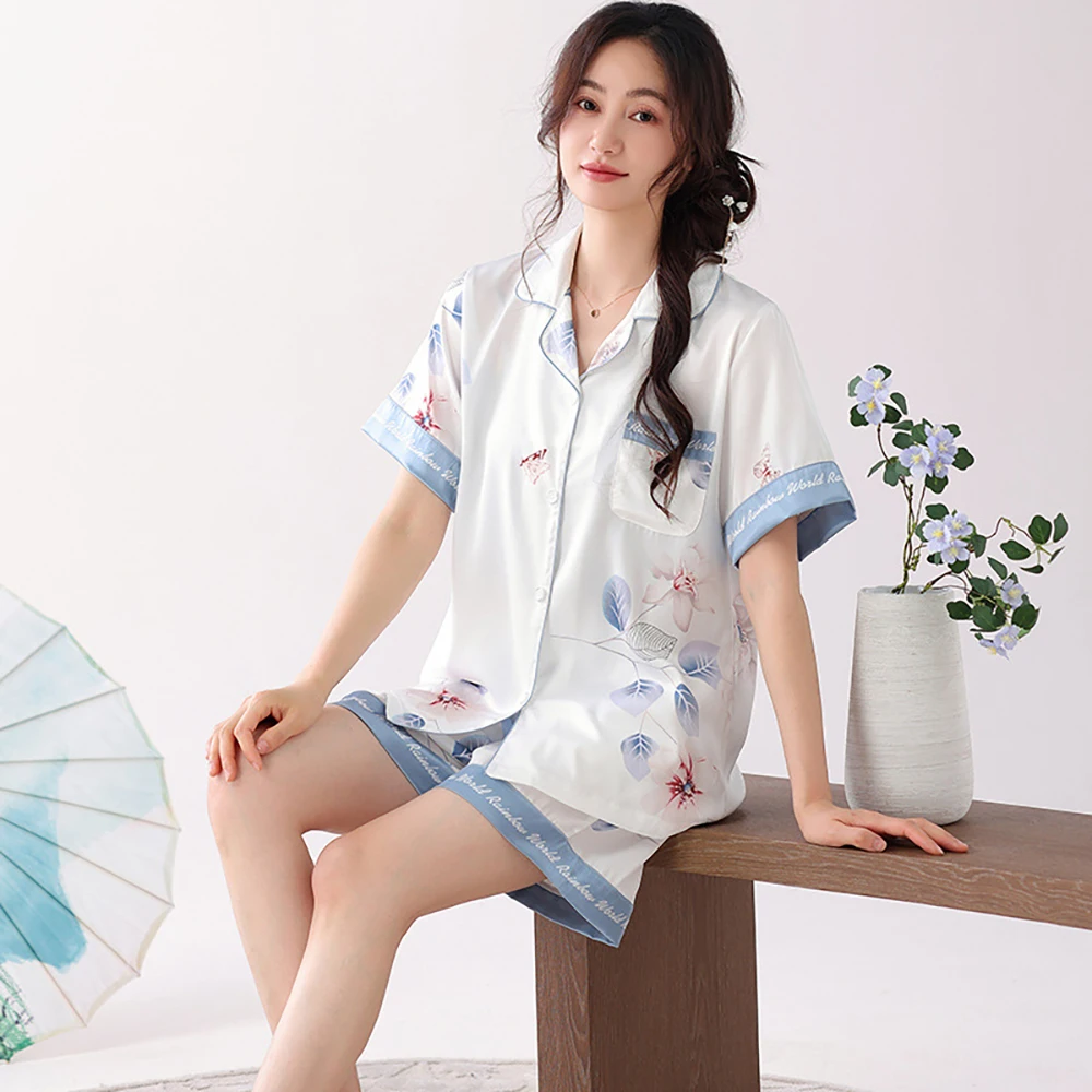 M-3XL Ice Silk Satin Trousers Sets Summer Thin Short Sleeve Sleepwear Women's Pajamas Shorts National Style Vintage Pyjama Cool