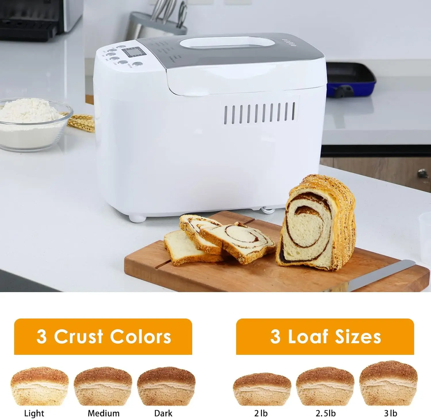 Bread Machine with Dual Kneading Paddles 15-in-1 Breadmaker Dough Maker with Gluten Free Setting, 3 Loaf Sizes 3 Crust 3