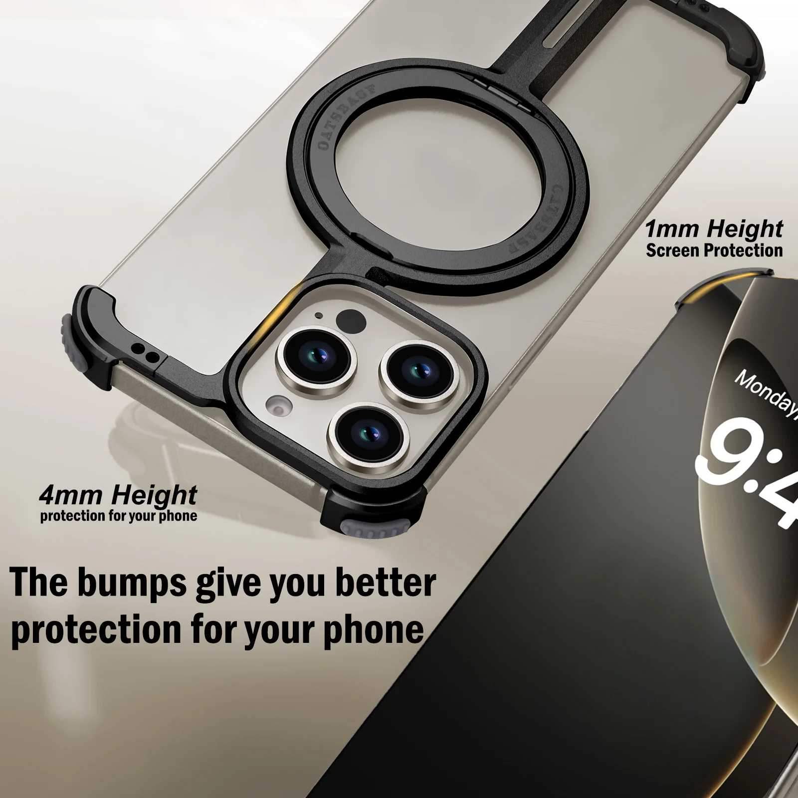 Eary Minimalist Phone Case for iPhone 16 Pro Max with Kickstand 360° Rotatable Magnetic Ring Stand Metal Frameless Bumper Cover