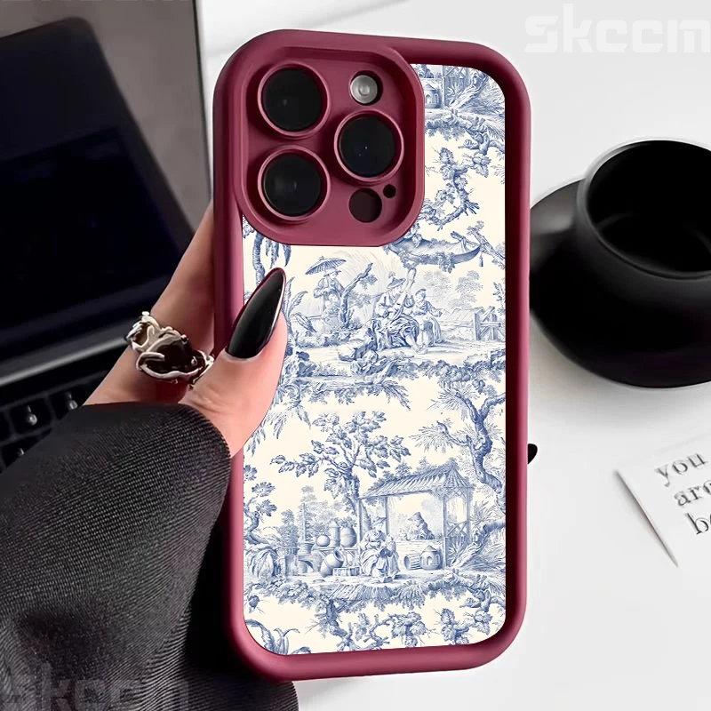 Blue Retro Tea Break and Flower Pattern Silicone Phone Case