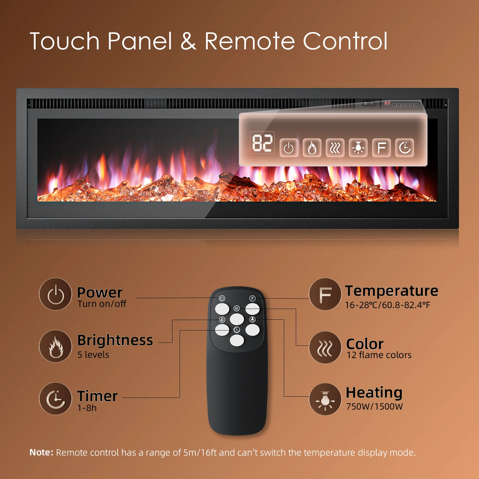 Electric Fireplace Heater Wall Mounted Recessed Fireplace 1500W 8H Timer 12 Color Flame Remote Control 50-60dB Low Noise EU Plug