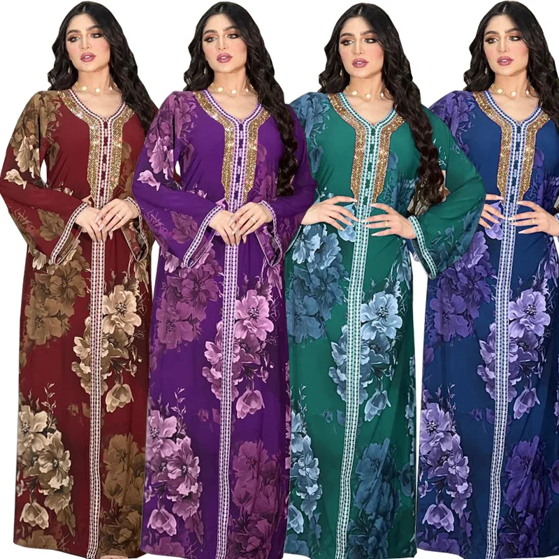 

Dress Eid Printing Dubai Robe Muslim Middle East Abaya Rhinestones Long Sleeves V Neck Elegante Party Gowns Jalabiya Vestidos