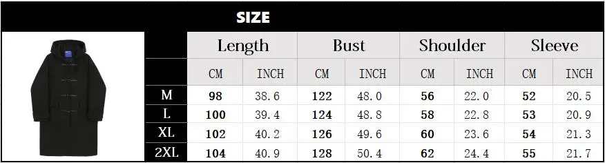 Description Picture 3 of itemMen's Hooded Horn Button Woolen Overcoat Korean Loose Windproof Long Lapel Trench Coats Male Solid Casual Daily Woolen Coat New