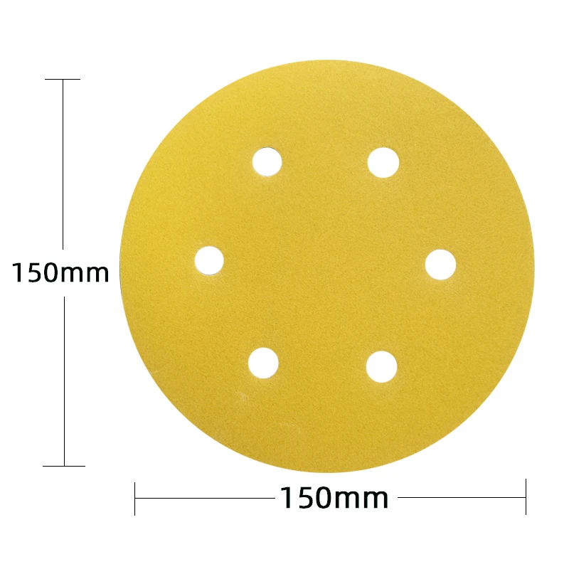 노란색 건조 사포, 6 인치 6 홀, 150mm 플록 라운드 자동차 페인트 연마 목재 사포, 80-600
