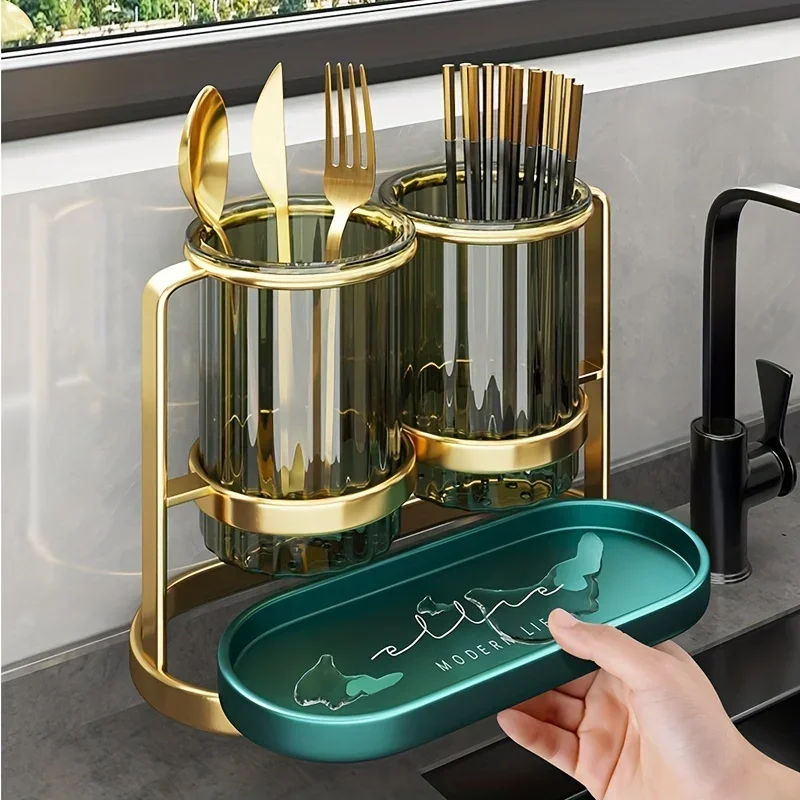 

Chopstick Holder with Tray Dinnerware Drain Rack Household Fork Spoon Stand Tableware Utensils Shelf Kitchen Cutlery